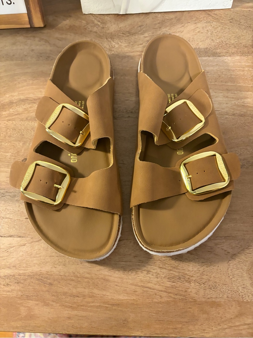 Project Cloud Santorini Brown Leather Gold Buckle Cork Sandals